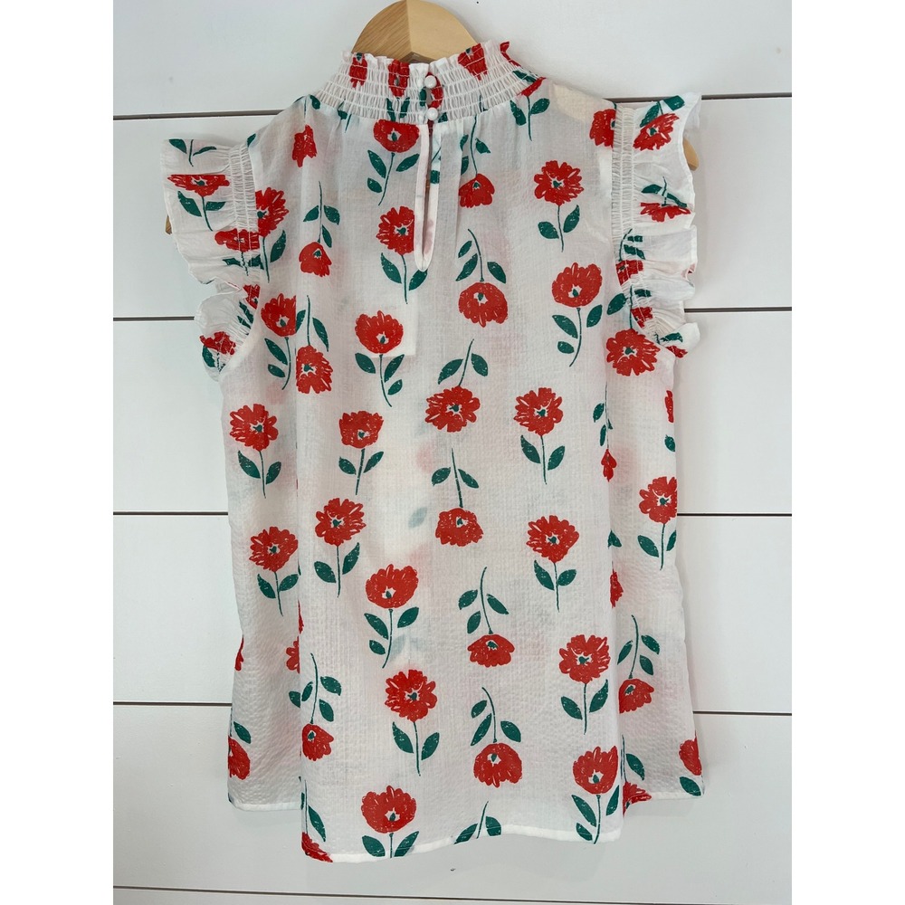 NWT THML Floral Smocked High Neck Ruffle Sleeve Top Red White Small Cottagecore - Picture 8 of 10